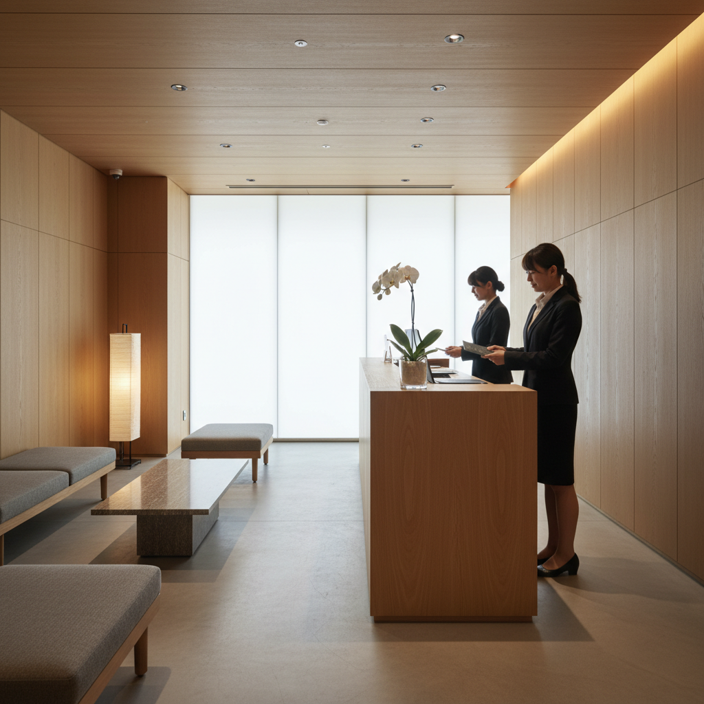 日本商務飯店的典型大廳，乾淨簡潔的設計