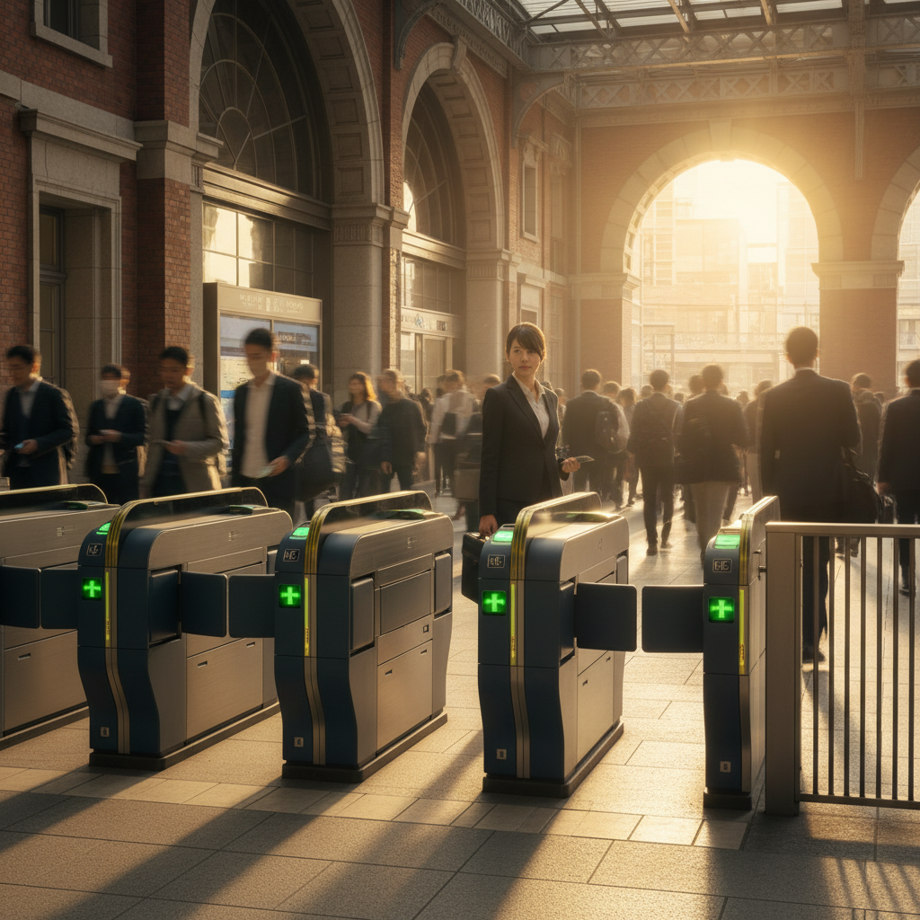 東京車站閘門口，旅客刷卡進站的場景